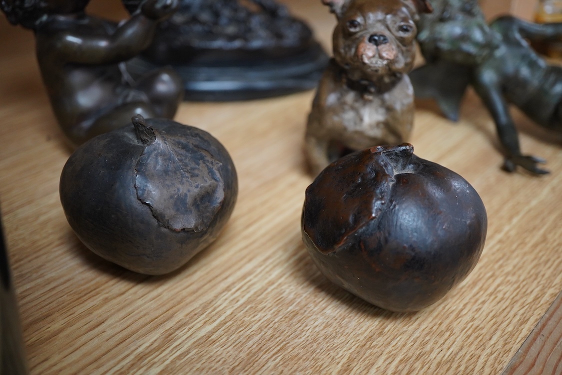 A small bronze of a of a hound and puppies after Louis Theophile Hingre (1832-1911), on marble base- 14.5cm wide, a painted bulldog ink stand, a putti and a fairy and two models of apples. (6).